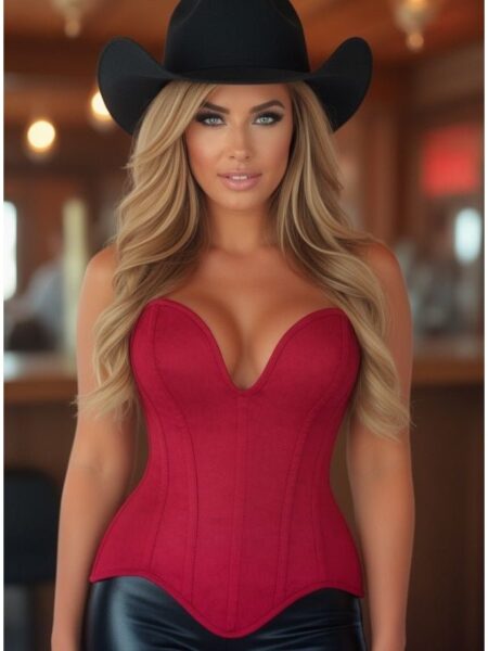 LIMITED EDITION Top Drawer Steel Boned Red Suede Deep Plunge Overbust Corset Top