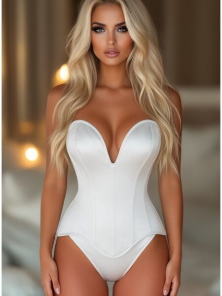 Top Drawer Steel Boned White Satin Plunge Neckline Overbust Corset