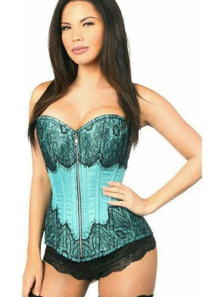 Top Drawer Teal Brocade Steel Boned Corset w/Black Eyelash Lace — Pleasure Zone Houston