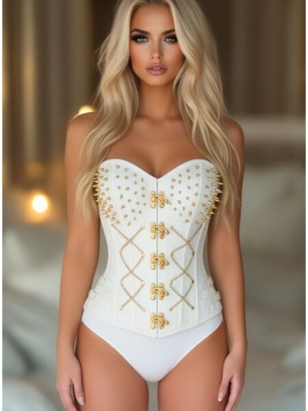 Top Drawer White Brocade & Gold Spikes Steel Boned Overbust Corset