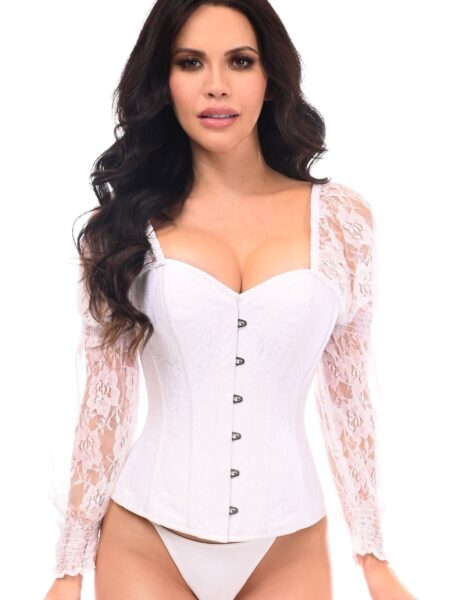LIMITED EDITION Top Drawer White w/White Lace Steel Boned Long Sleeve Corset