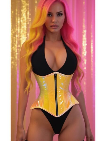 Top Drawer Yellow/Pink Holo Double Steel Boned Underbust Waist Cincher Corset — Pleasure Zone Houston