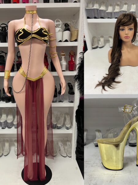 Galactic Royalty Costume featuring a black and metallic gold halter top, gold strappy bottoms, sheer burgundy floor-length panels, chain and gold arm accessories.