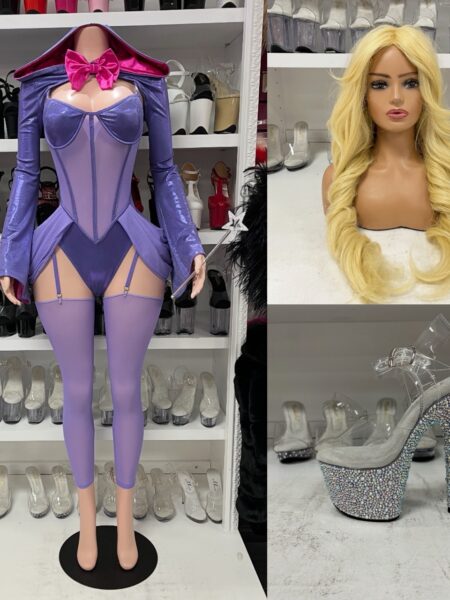 Wish Granted 4PC Costume Set featuring a purple structured bodysuit with sheer front panel, matching long sleeves, pink bow and lavender legwear.