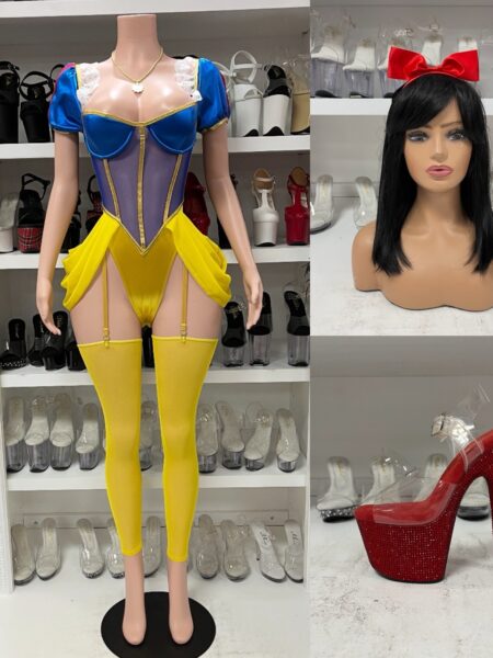 Mirror Mirror Costume featuring a blue puff-sleeve corset bodysuit with sheer purple panel, gold trim, yellow hip drapes, garter straps and yellow legwear.