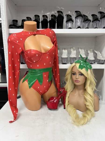 Berry Sweet Strawberry Costume featuring a glossy red long-sleeve bodysuit with white seed details, green leaf belt, and strawberry headband.