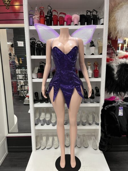 Purple Sequin Fairy Costume by Daisy Corsets featuring a sparkling deep purple lace-up corset with pointed fairy-style panels and matching purple butterfly wings.