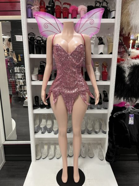 Pink Sequin Fairy Costume by Daisy Corsets featuring a sparkling magenta lace-up corset with pointed fairy skirt details and matching pink butterfly wings.