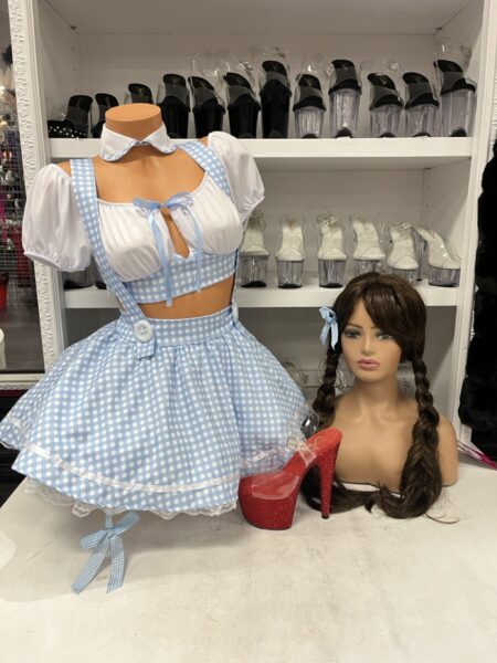 Ruby Slipper Sweetie blue and white gingham costume featuring a cropped puff sleeve top, flared mini skirt, and matching accessories.