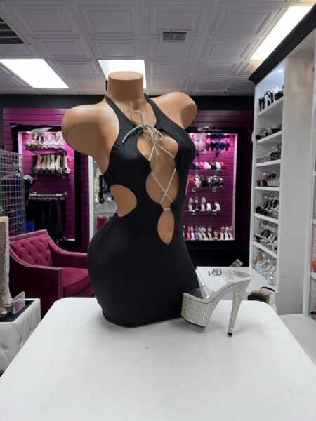 Midnight Crystal Cutout Dress in black with a halter neckline, dramatic front and side cutouts, and sparkling crystal cord details.