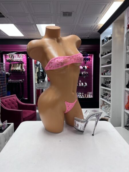 Pink Lace Barely There two-piece lingerie set featuring a sheer floral lace bandeau top, matching minimal bottom, and nearly invisible clear straps.