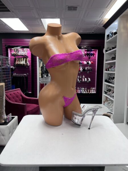 Fuchsia Lace Barely There two-piece lingerie set featuring a bright fuchsia floral lace bandeau top, matching minimal bottom, and nearly invisible clear straps.