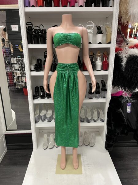 Emerald Shimmer Skirt Set featuring a sparkling emerald green strapless bandeau top, gathered high waistband, and matching long skirt with open sides.