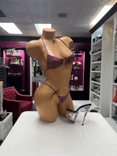 Burgundy Rhinestone Bikini Set with crystal triangle top and matching minimal tie-side bottom displayed with clear platform heel.
