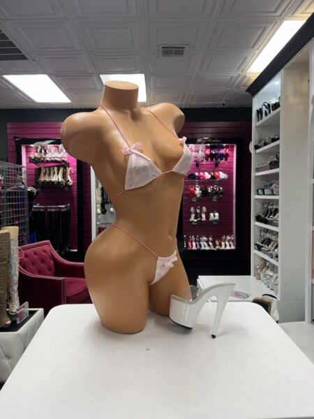Pink Sweetheart Bow Lingerie two-piece set with white and pale pink printed triangle top, matching minimal bottom, pink string straps, and satin bows.
