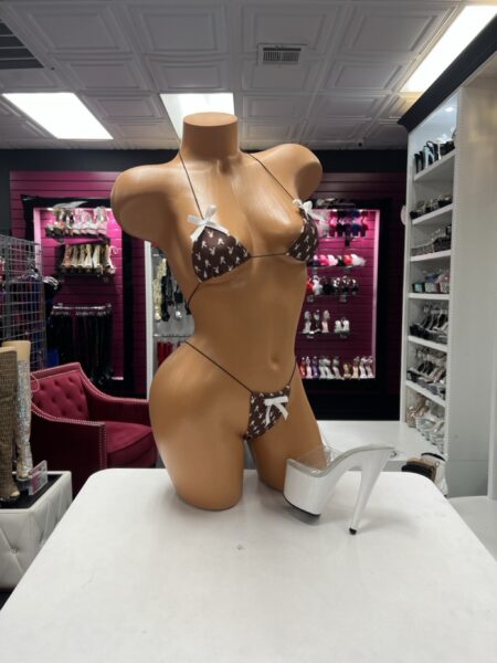 Chocolate Bunny Bow Lingerie two-piece set with brown printed triangle top, matching minimal bottom, white bunny pattern, and white satin bows.