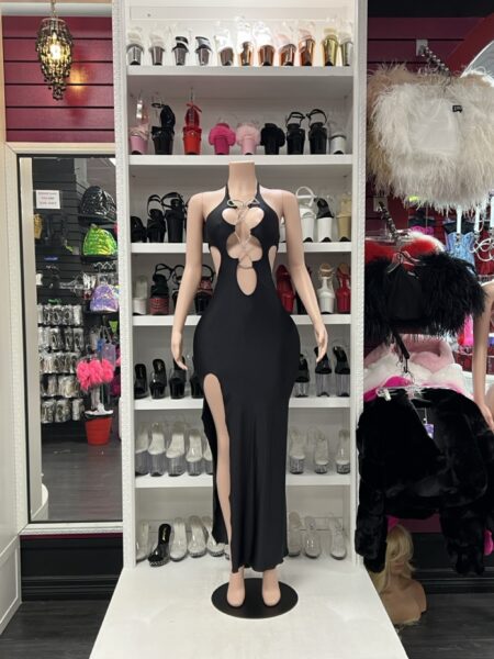 Midnight Chain Cutout Dress in black with a halter neckline, silver chain details, front cutouts, fitted silhouette, and high leg slit.