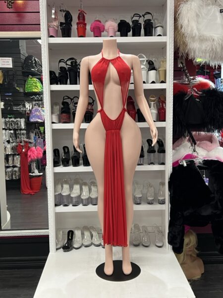 Scarlet Siren Cutout Dress in bright red with a halter neckline, dramatic open front, high-cut hips, and long flowing center drape.
