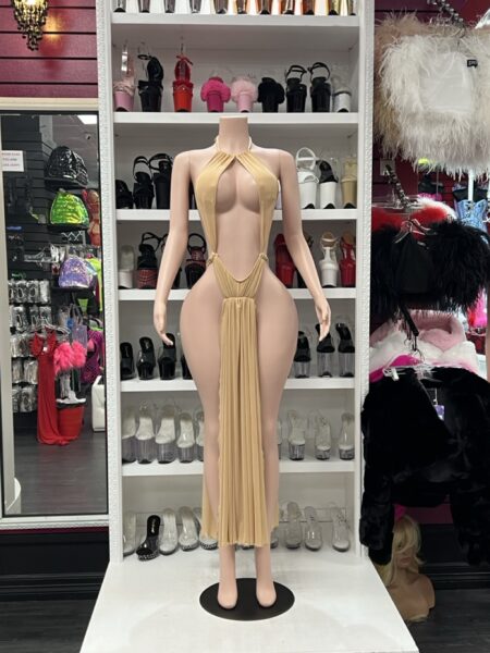 Golden Goddess Cutout Dress with halter neckline, dramatic open front, high-cut sides, and long flowing center drape.