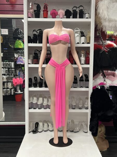 Hot Pink Draped Set with strapless rhinestone bandeau top, ruched high-cut bottom, and long flowing center fabric panel.