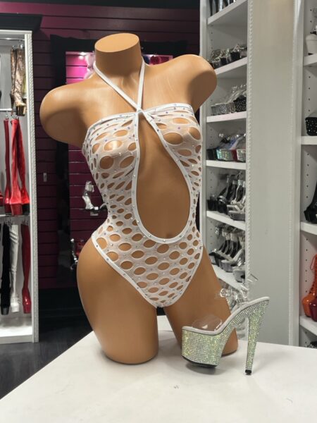 White Crystal Cutout Bodysuit with open net design, front keyhole and sparkling crystal accents