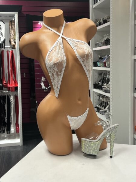 White Crystal Lace Slingshot with sheer floral lace and sparkling crystal trim