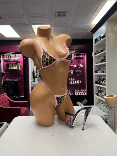 Leopard Pink Crystal Bikini two-piece lingerie set with leopard print, pink straps, crystal trim, and silver center ring details.