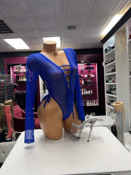 Royal blue mesh bodysuit with long sleeves, plunging lace-up front, side cutouts, and adjustable tie details.