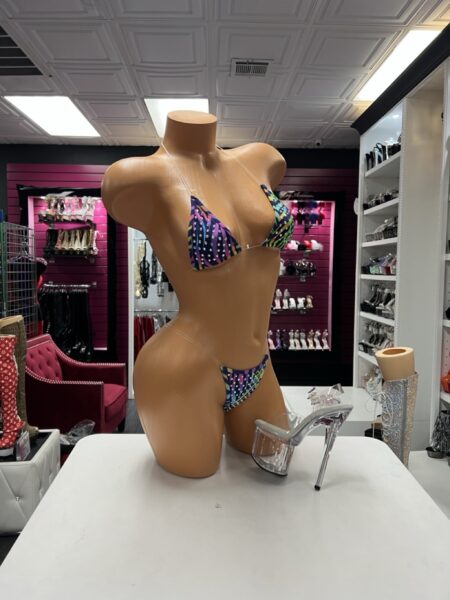 Rainbow Stripe Crystal Bikini two-piece lingerie set with multicolor striped fabric, sparkling crystal accents, and clear straps.