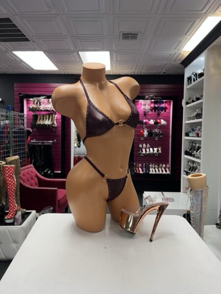 Chocolate crystal ring bikini two-piece lingerie set with deep brown fabric, sparkling crystal trim, gold ring hardware, and slim straps.