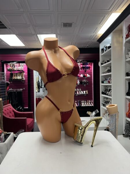 Burgundy crystal ring bikini two-piece lingerie set with crystal trim, gold-tone ring hardware, triangle top, and matching high-cut bottom.