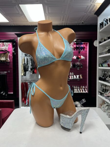 Aqua crystal tie bikini two-piece lingerie set with rhinestone triangle top and matching adjustable tie-side bottom.