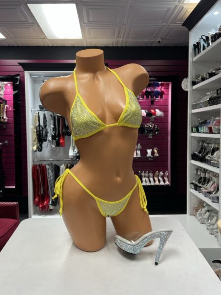 Yellow crystal tie bikini two-piece lingerie set with sparkling rhinestone triangle top and matching adjustable tie-side bottom.
