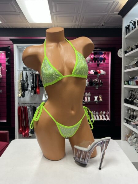 Lime crystal tie bikini two-piece lingerie set with sparkling rhinestone triangle top and matching adjustable tie-side bottom.