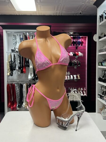 Pink crystal tie bikini two-piece lingerie set with rhinestone triangle top and adjustable tie-side bottom.