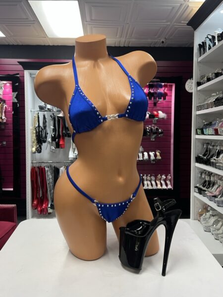 Royal crystal ring bikini two-piece lingerie set with royal blue fabric, rhinestone trim, silver ring hardware, and high-cut bottom.