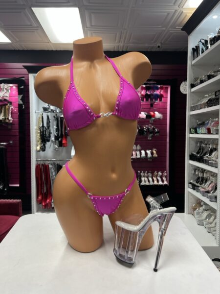 Fuchsia crystal ring bikini two-piece lingerie set with rhinestone trim, silver ring hardware, triangle halter top, and matching high-cut bottom.