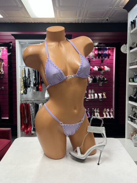 Lavender crystal ring bikini two-piece lingerie set with rhinestone trim, silver hardware, triangle halter top, and matching high-cut bottom.