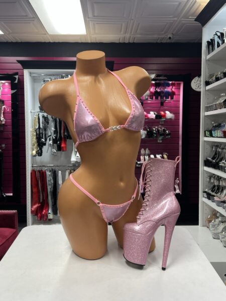 Pink crystal ring bikini two-piece lingerie set with shimmering pink fabric, crystal trim, silver hardware, triangle top, and high-cut bottom.
