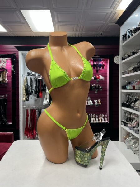 Lime crystal ring bikini two-piece lingerie set with crystal trim, silver hardware, triangle halter top, and matching high-cut bottom.