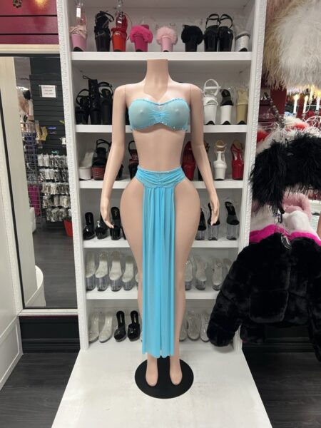 Aqua Blue Draped Outfit two-piece fashion set featuring sparkling bandeau top, high-waisted bottoms, and long flowing front panel.