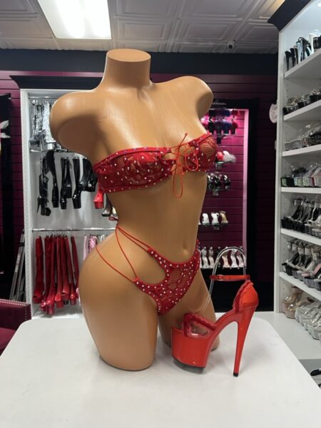 Red Lace Bandeau Set featuring a sheer red floral lace strapless top with sparkling rhinestones and matching high-cut strappy lingerie bottoms.