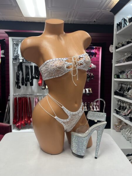 White Lace Bandeau Set featuring a sheer white floral lace strapless top with sparkling rhinestones and matching high-cut strappy lingerie bottoms.