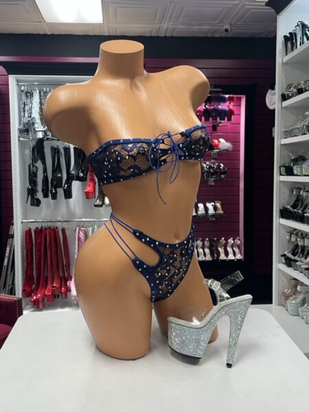 Navy Lace Bandeau Set featuring a sheer navy blue floral lace strapless top with rhinestone trim and matching high-cut strappy lingerie bottoms.