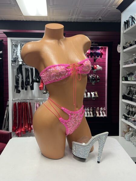 Pink Lace Bandeau Set featuring a hot pink floral lace strapless top with rhinestone accents and matching high-cut strappy lingerie bottoms.