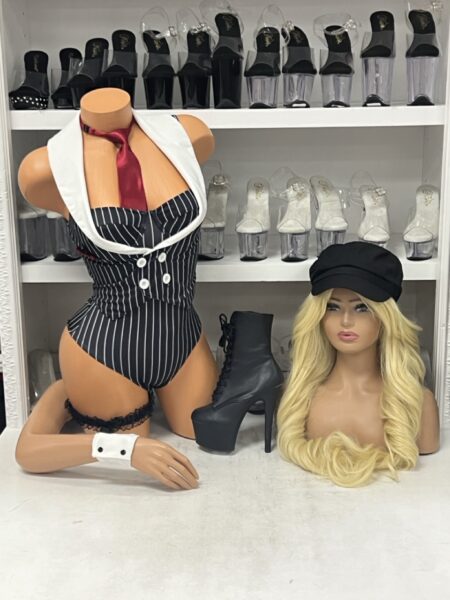 Mobbin 6PC Costume Set featuring a black and white pinstripe bodysuit with oversized white lapels, decorative buttons, burgundy necktie, black newsboy cap, white wrist cuff, and black lace thigh garter.