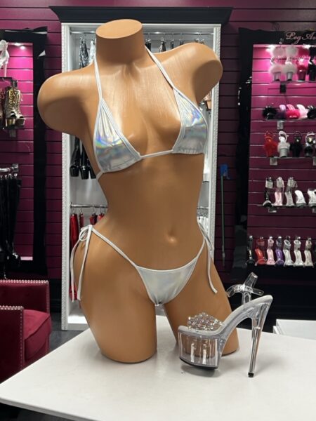 Silver Holographic String Bikini featuring a shiny iridescent silver triangle halter top and matching high-cut side-tie thong bottom.