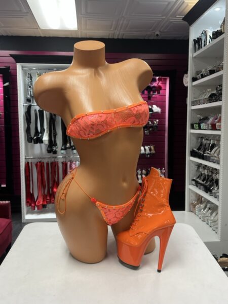 Orange Lace Bandeau Bikini featuring a bright orange strapless floral lace top with sparkling crystal trim and a matching adjustable side-tie thong bottom.