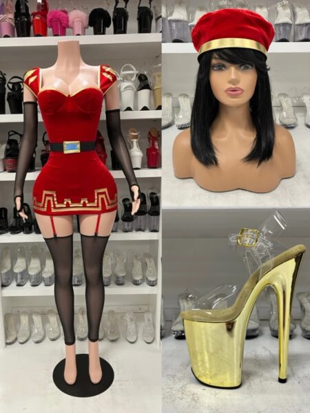 Forplay Short King Costume featuring a red mini dress with gold trim, matching red hat, black belt, fingerless gloves, and coordinating leg accessories.