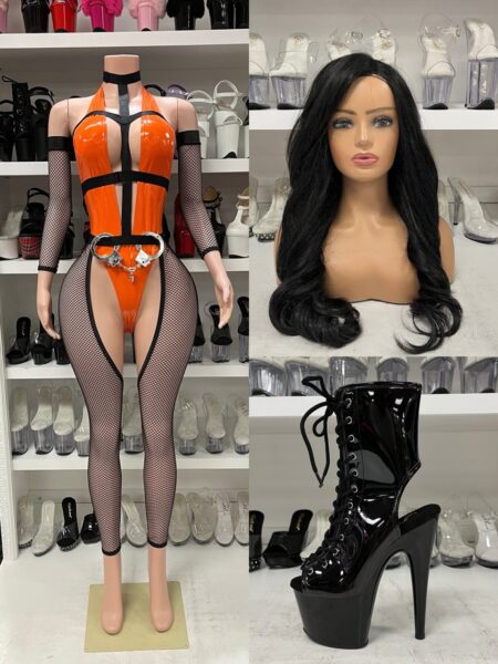 Friendly Inmate Costume Set orange and black prisoner Halloween outfit with fitted romper, fishnet chaps, harness, arm pieces, and handcuffs.